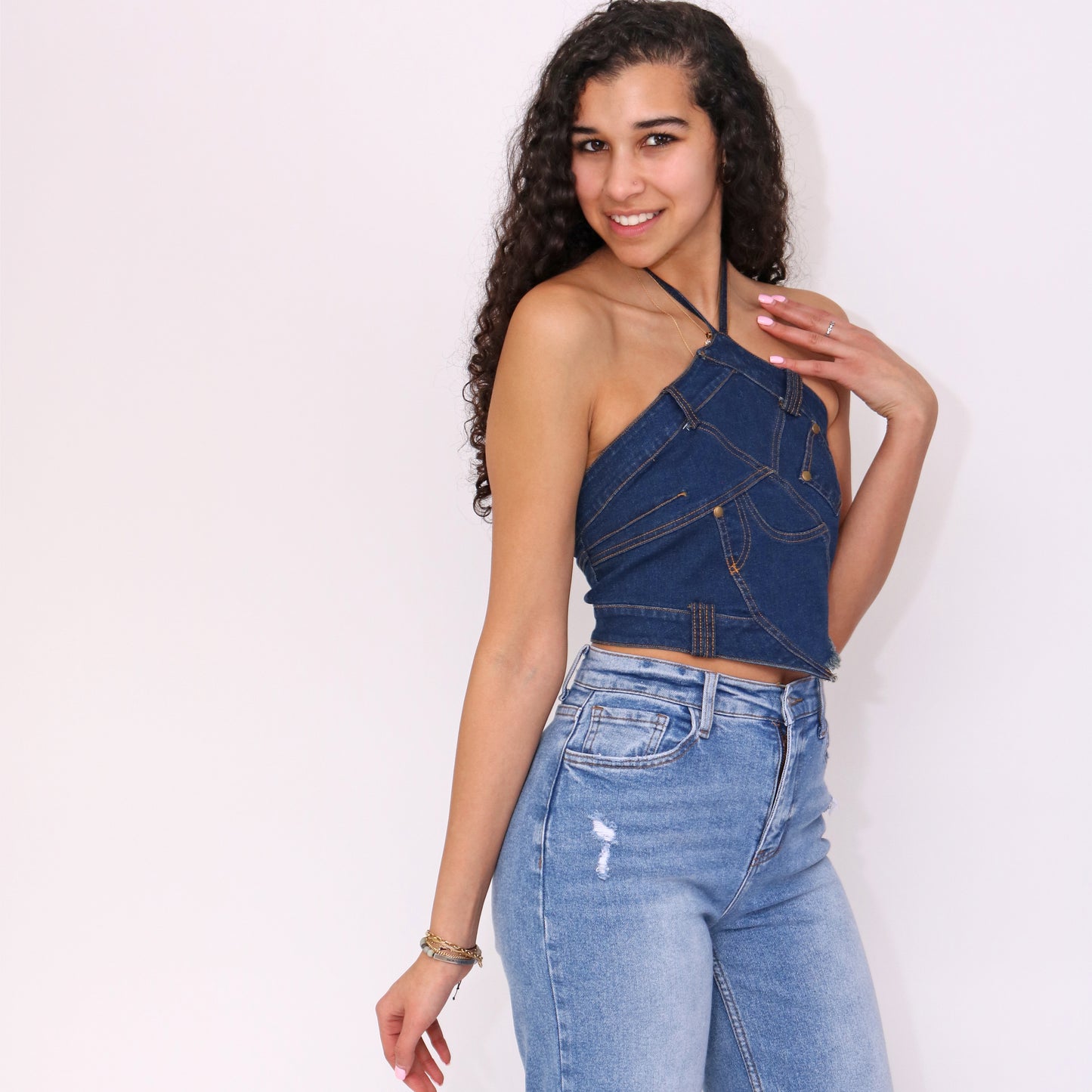 Denim Patch Work Halter Top