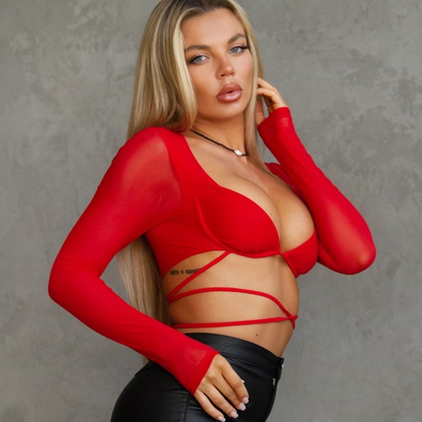 Red Sheer Mesh Bra Top Adjustable Waist Ties
