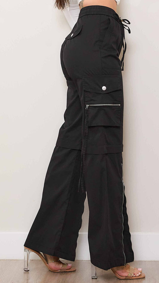 Black Cargo Pants With Zip Front Slit