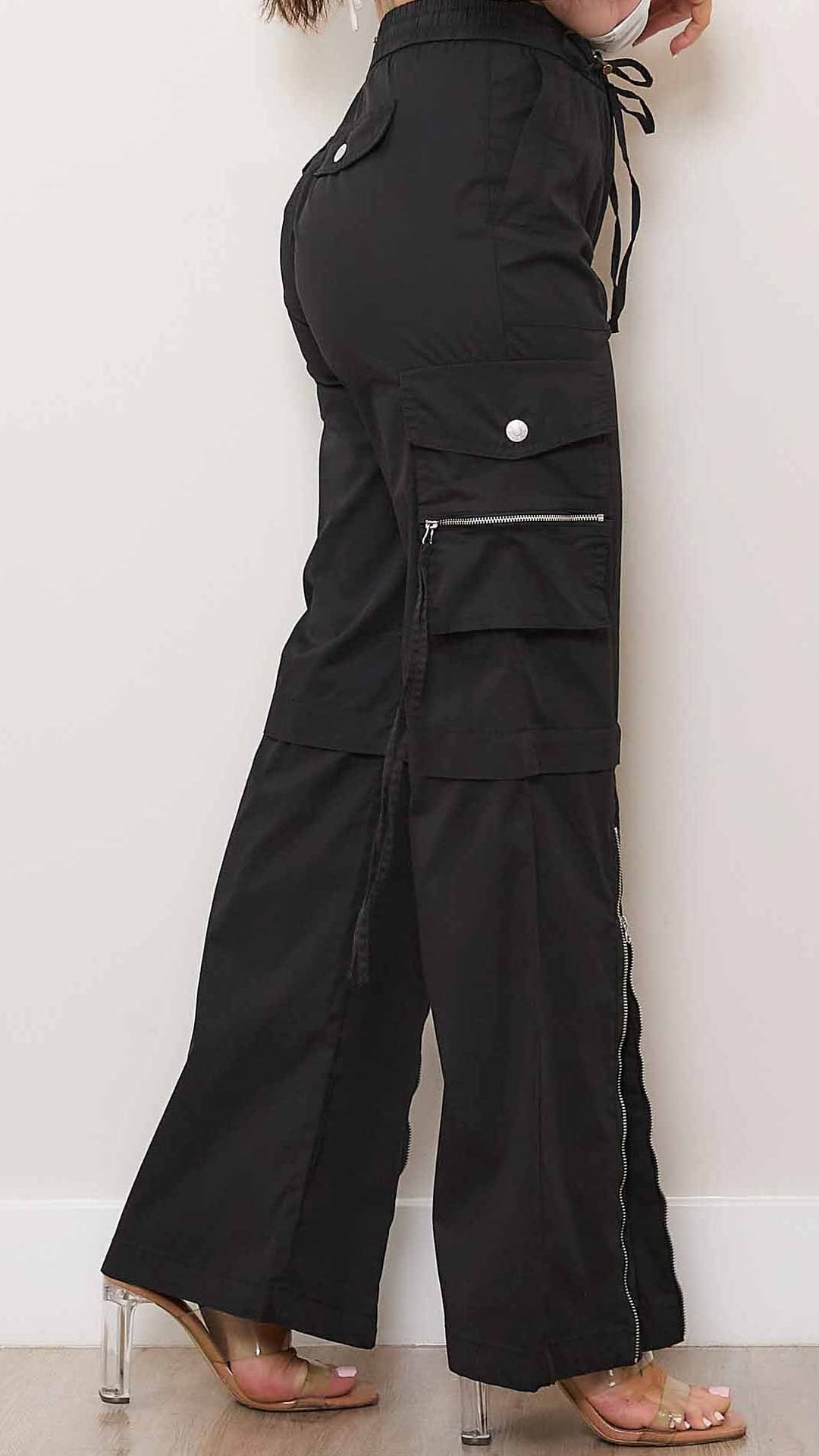 Black Cargo Pants With Zip Front Slit