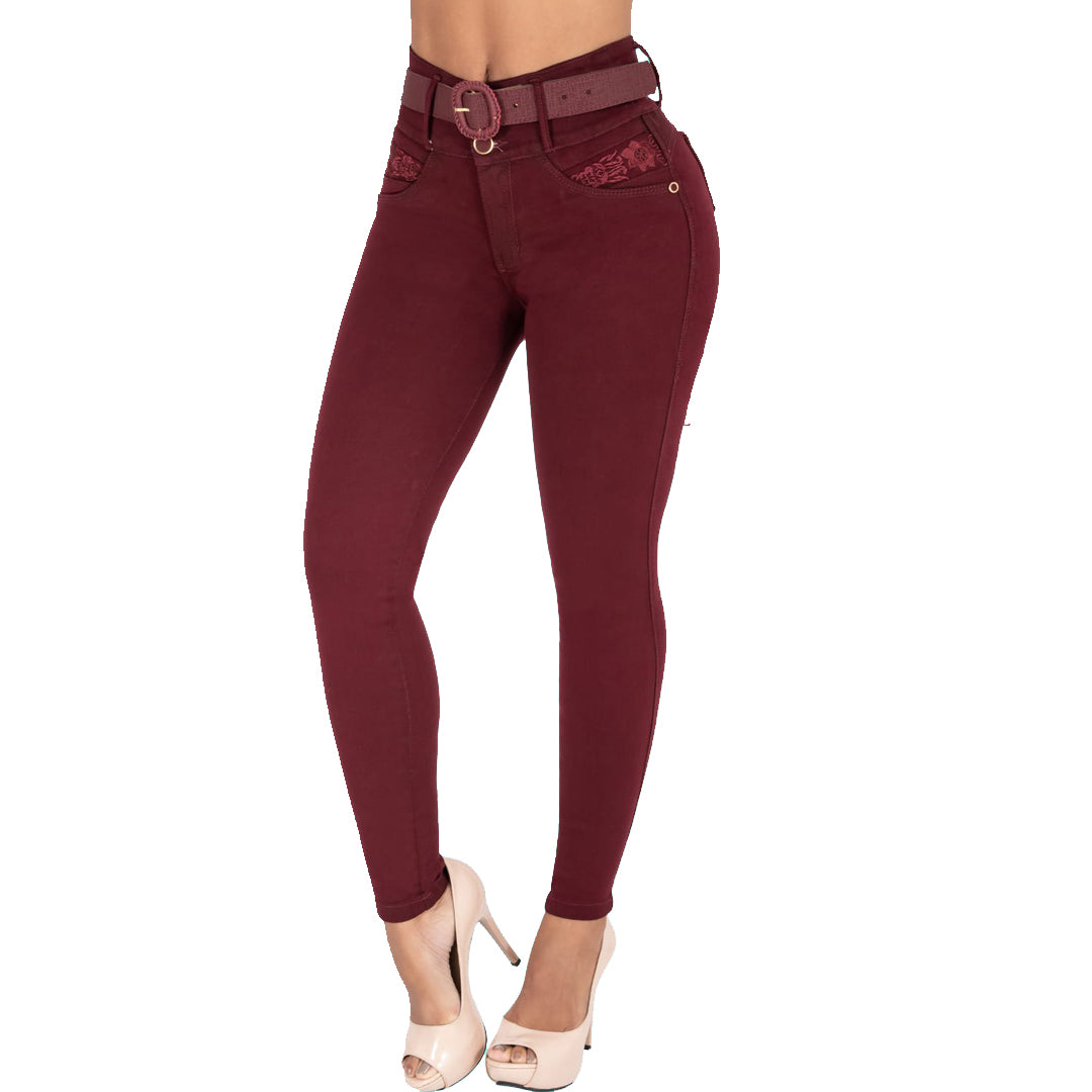 Burgundy Flower Stitching Colombian Butt-lift Jeans