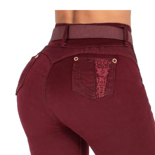 Burgundy Flower Stitching Colombian Butt-lift Jeans