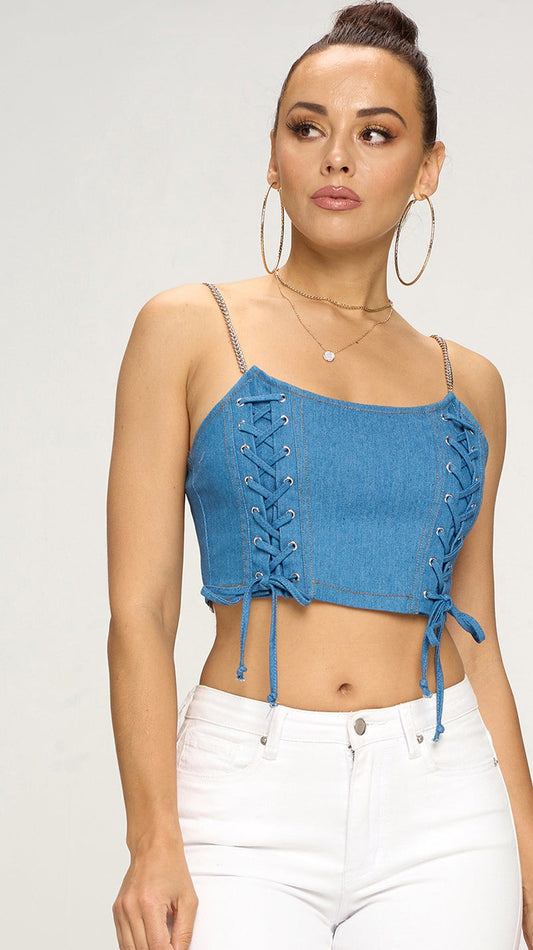 Lace Up Denim Corset Crop Top
