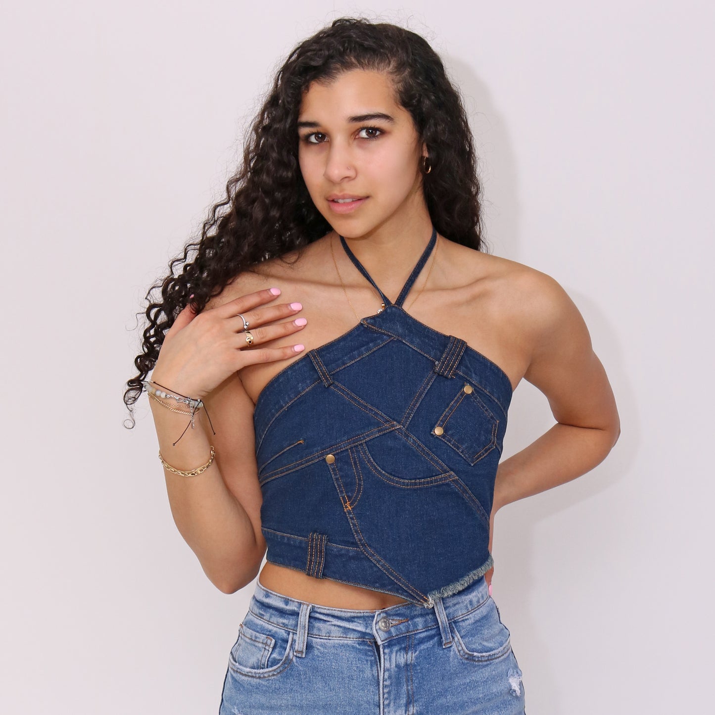 Denim Patch Work Halter Top