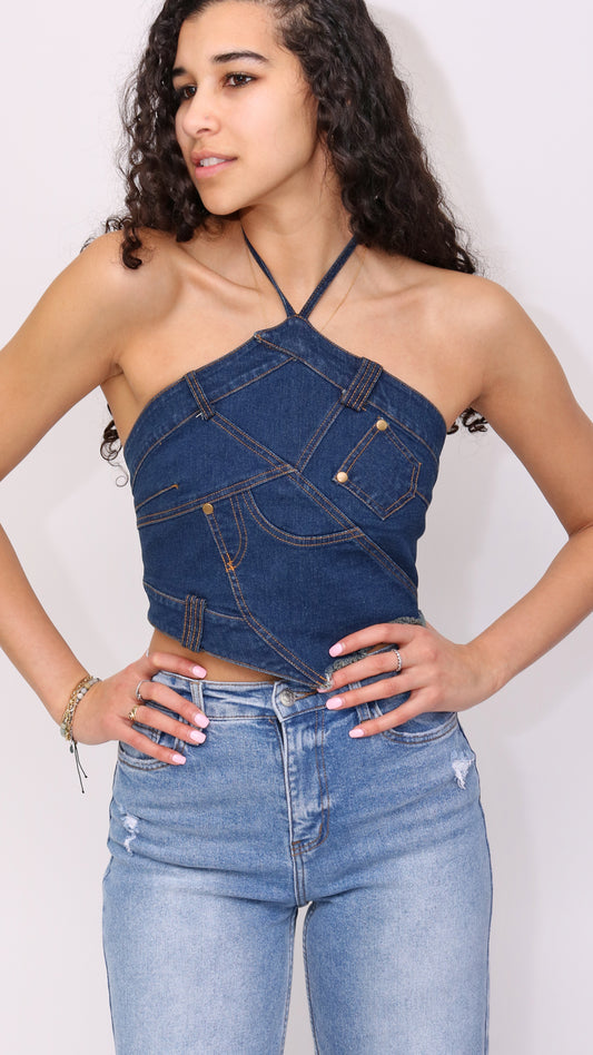 Denim Patch Work Halter Top