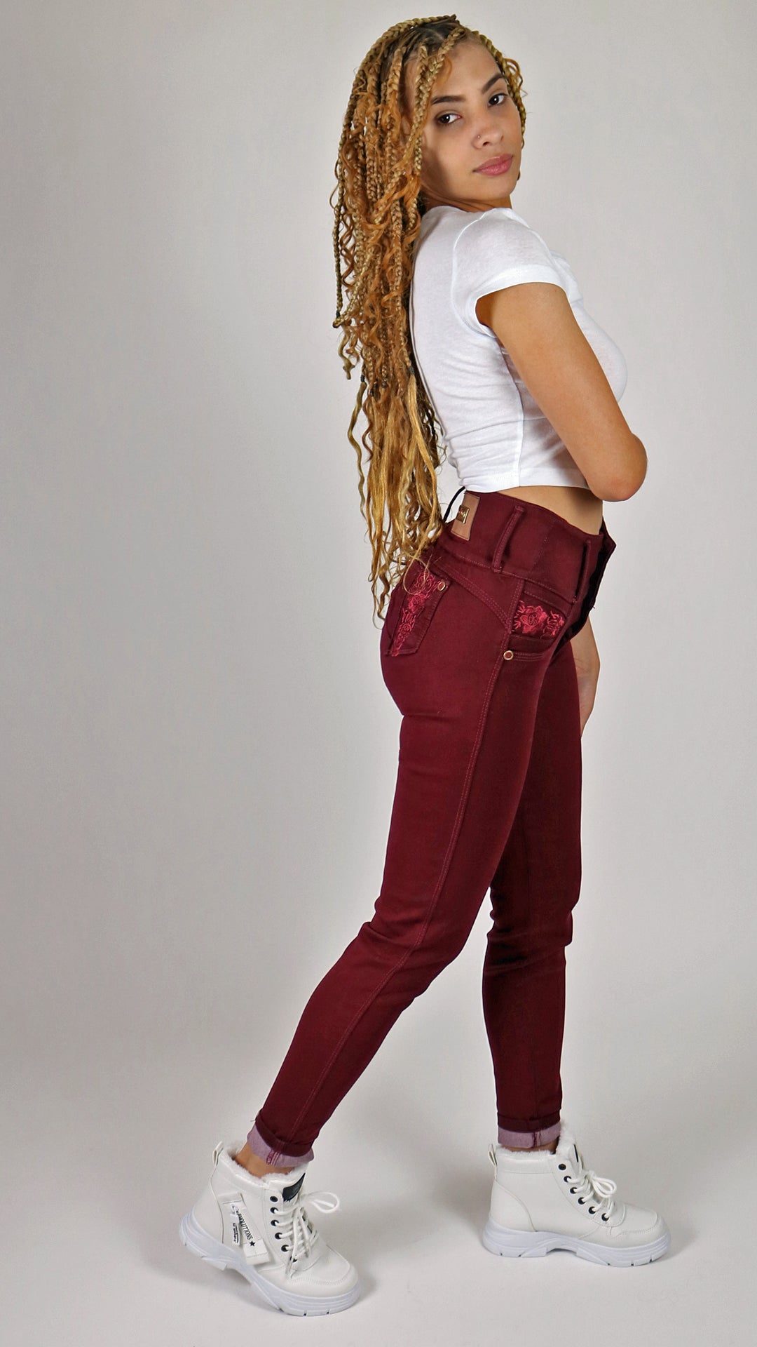 Burgundy Flower Stitching Colombian Butt-lift Jeans