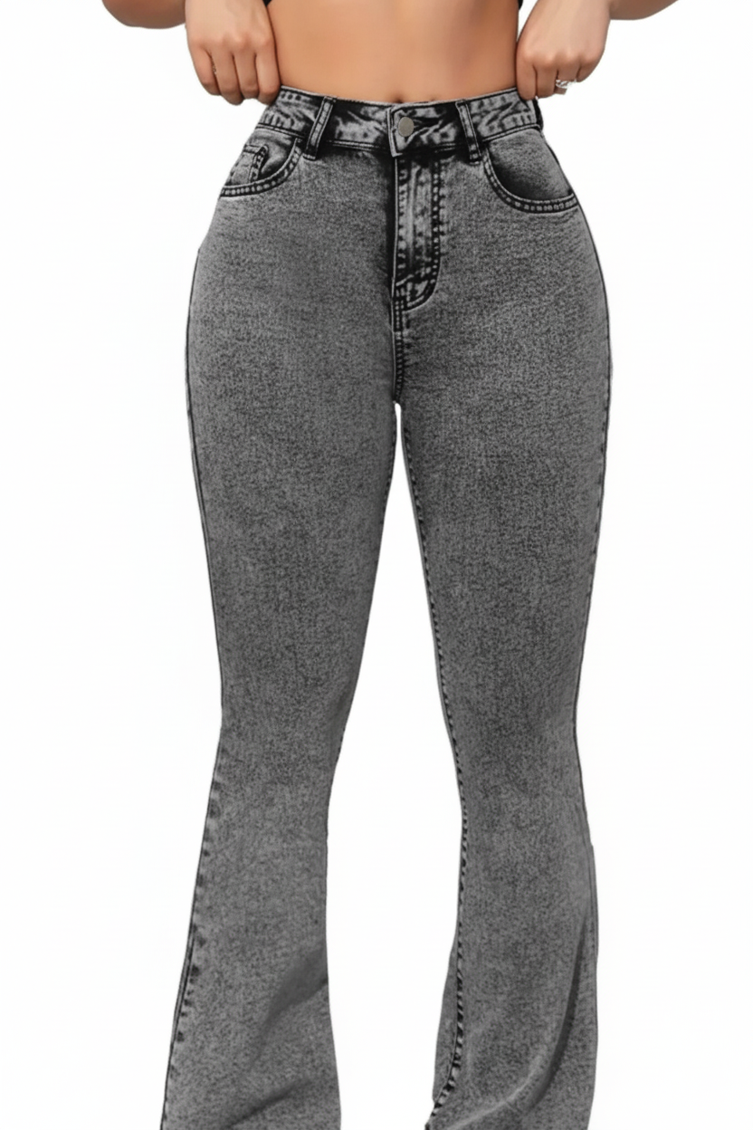 Stone Washed Gray Flare Jeans — High Rise, Vintage Lift