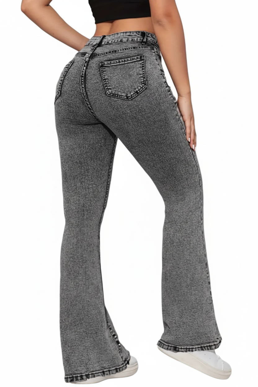 Stone Washed Gray Flare Jeans — High Rise, Vintage Lift