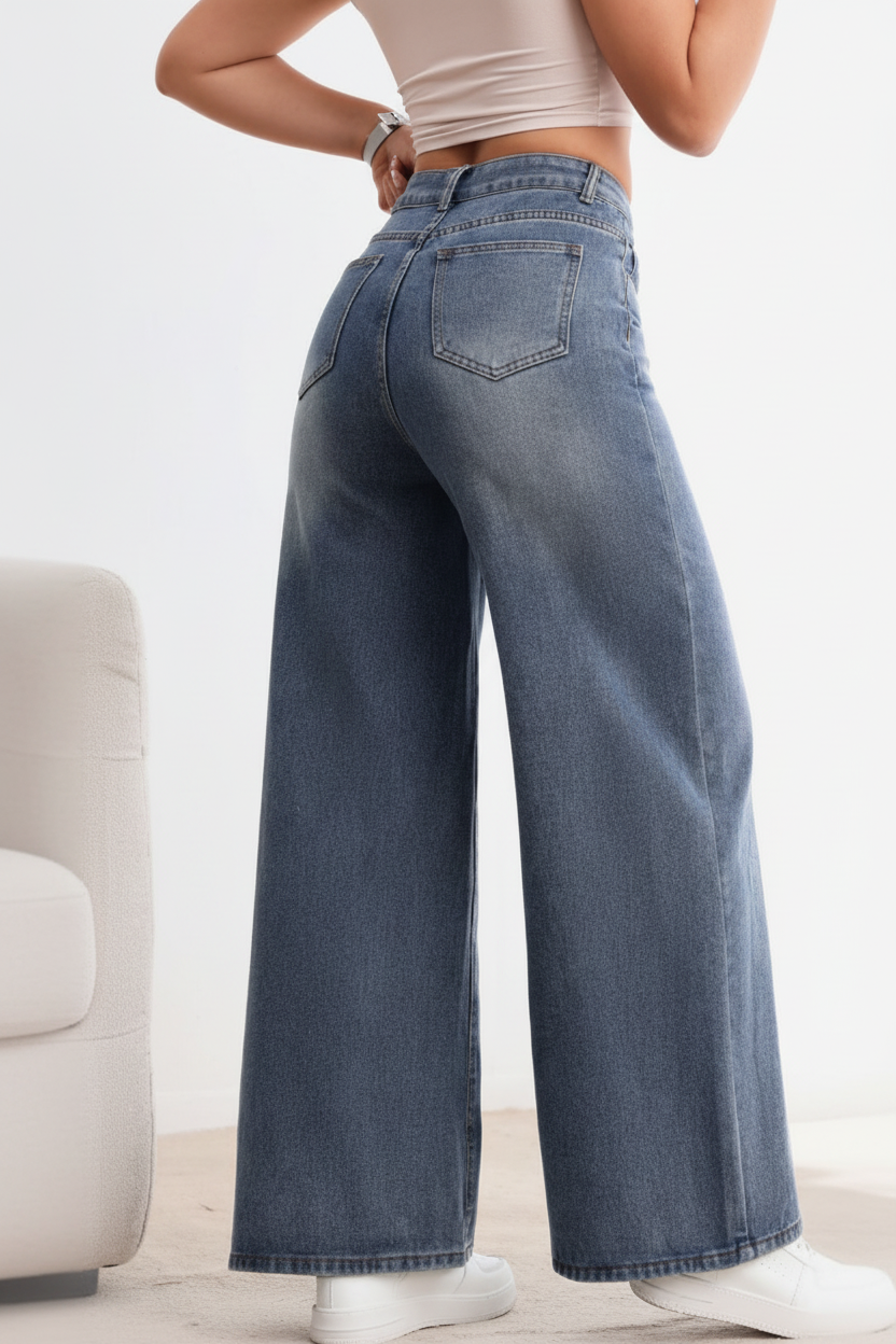 Drawstring Wide-Leg Denim — Relaxed Fit, Adjustable Waist