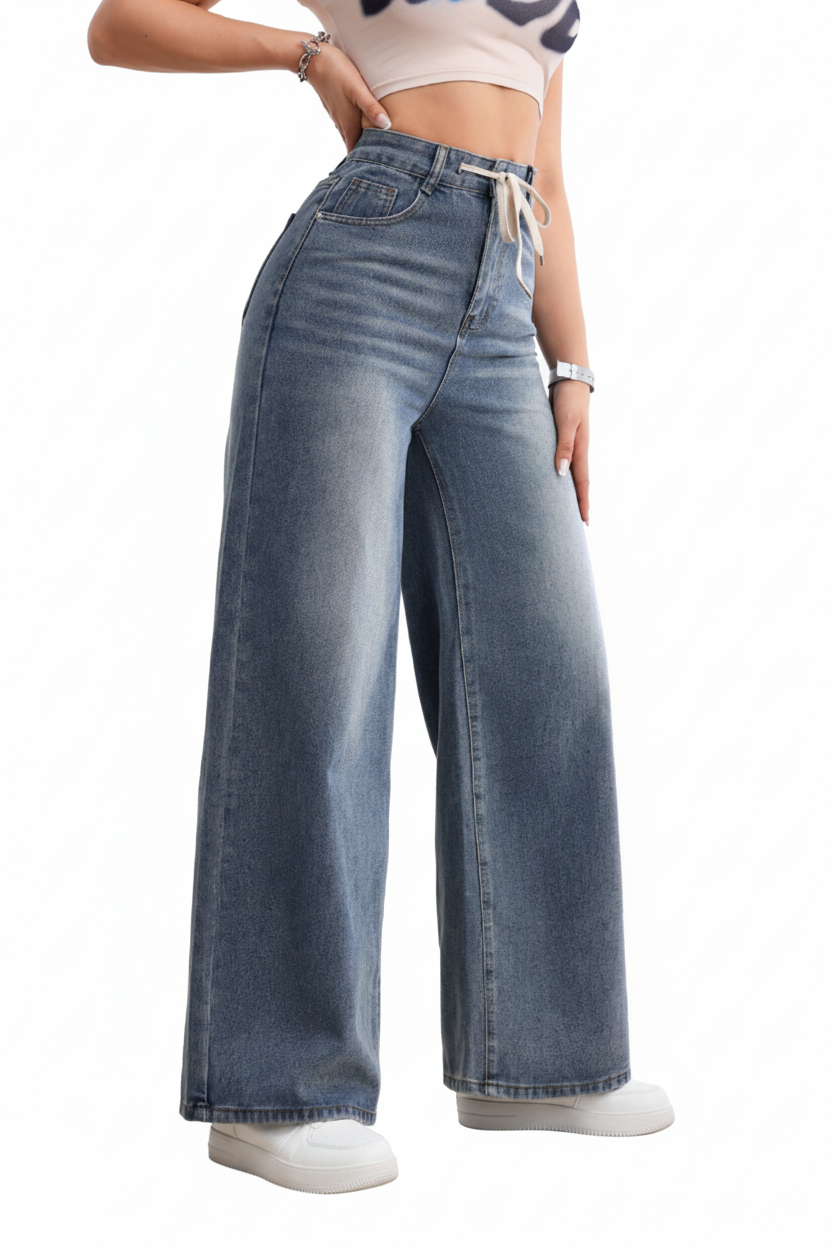 Drawstring Wide-Leg Denim — Relaxed Fit, Adjustable Waist