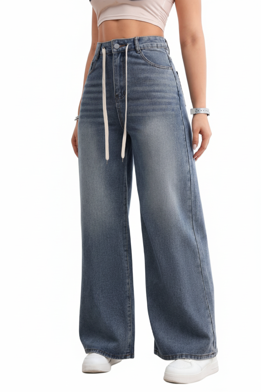 Drawstring Wide-Leg Denim — Relaxed Fit, Adjustable Waist