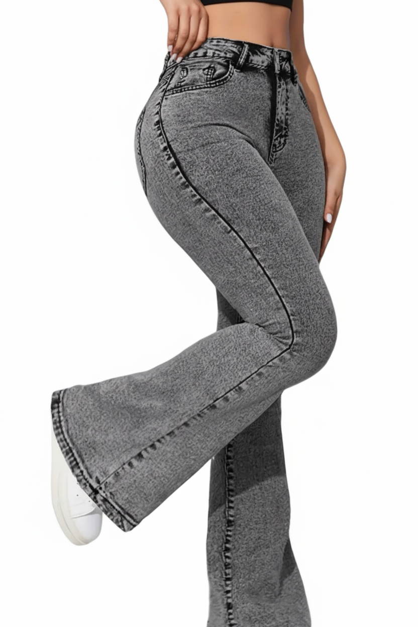 Stone Washed Gray Flare Jeans — High Rise, Vintage Lift