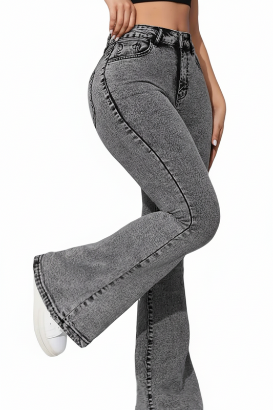 High Rise Stone Washed Gray Denim Flare Jeans