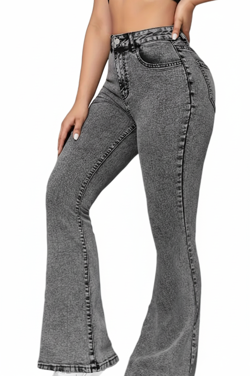 Stone Washed Gray Flare Jeans — High Rise, Vintage Lift